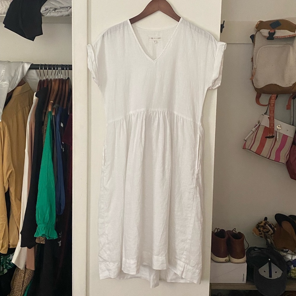 Lou & Grey x LOFT White Cotton Linen Textured Dress